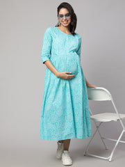 Women Sky Blue Printed Flared Maternity Dress