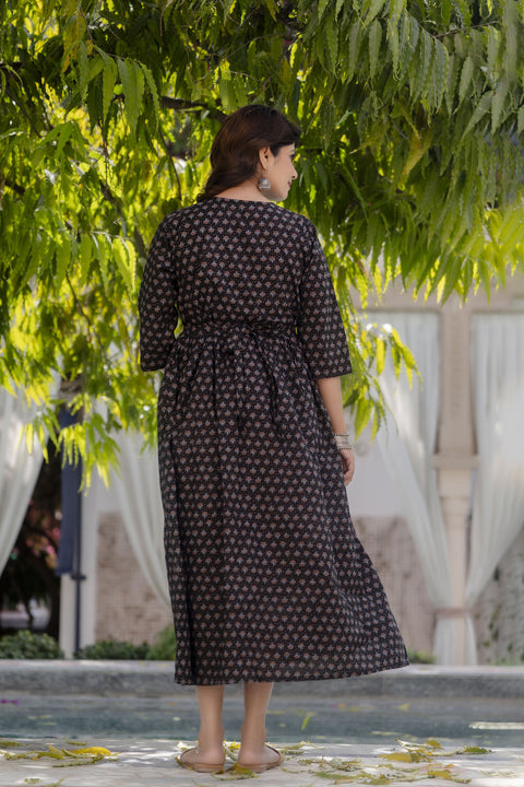 Women Black Printed Flared Maternity Dress