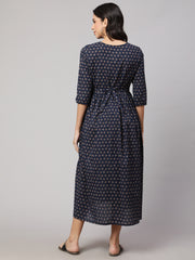 Women Navy Blue Printed Flared Maternity Dress
