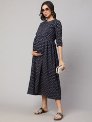 Women Navy Blue Printed Flared Maternity Dress