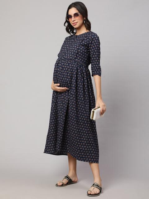 Women Navy Blue Printed Flared Maternity Dress