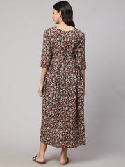 Women Brown Floral Printed Flared Maternity Dress