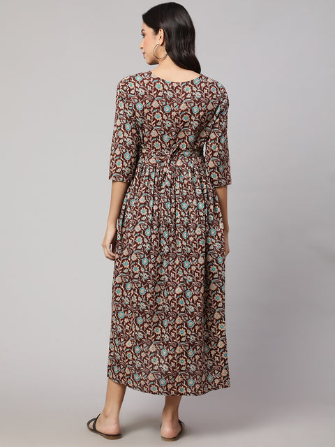 Women Brown Floral Printed Flared Maternity Dress