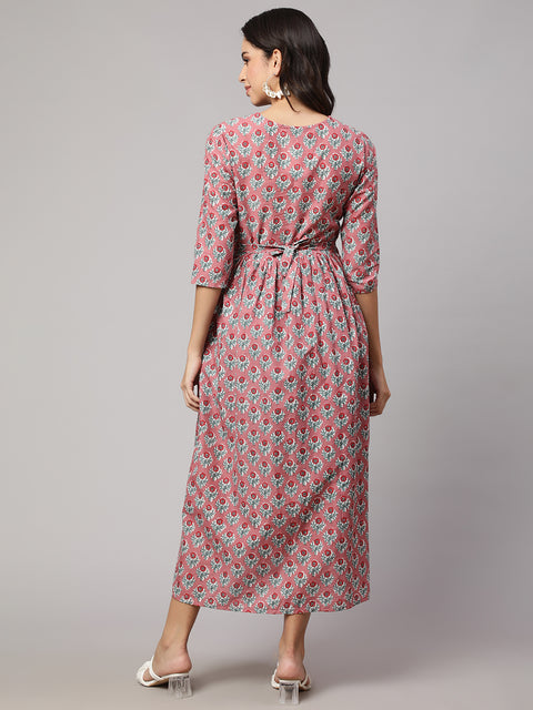 Women Mauve Floral Printed Flared Maternity Dress