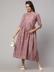 Women Mauve Floral Printed Flared Maternity Dress