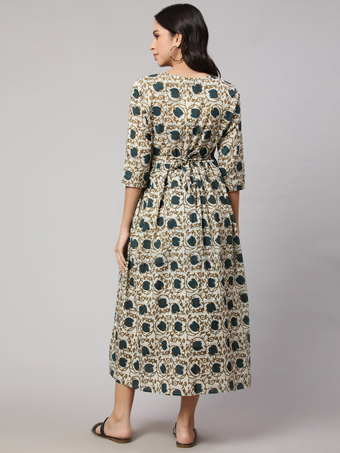 Women Beige Printed Flared Maternity Dress