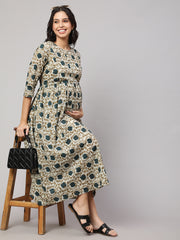 Women Beige Printed Flared Maternity Dress