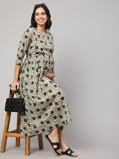 Women Beige Printed Flared Maternity Dress
