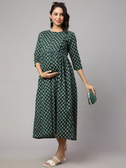 Women Green Ethnic Printed Maternity Dress
