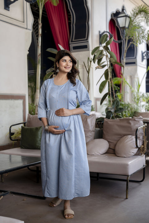 Women Blue Printed Flared Maternity Dress