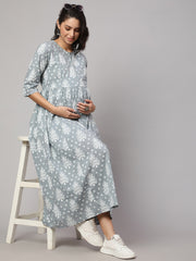 Women Grey Ethnic Printed Maternity Dress