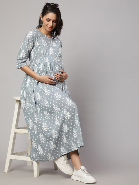 Women Grey Ethnic Printed Maternity Dress