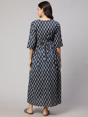 Women Blue Printed Flared Maternity Dress