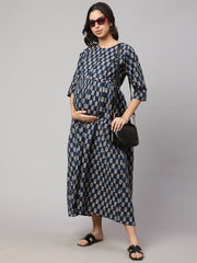 Women Blue Printed Flared Maternity Dress