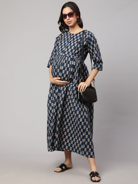 Women Blue Printed Flared Maternity Dress