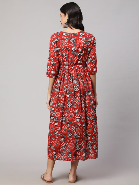 Women Red Floral Printed Flared Maternity Dress