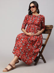 Women Red Floral Printed Flared Maternity Dress