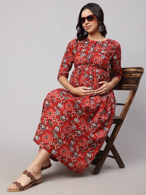 Women Red Floral Printed Flared Maternity Dress