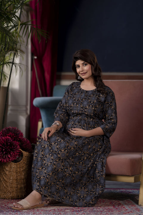 Women Black Printed Flared Maternity Dress