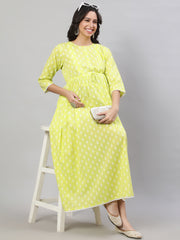 Women Yellow Printed Flared Maternity Dress