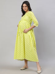Women Yellow Printed Flared Maternity Dress
