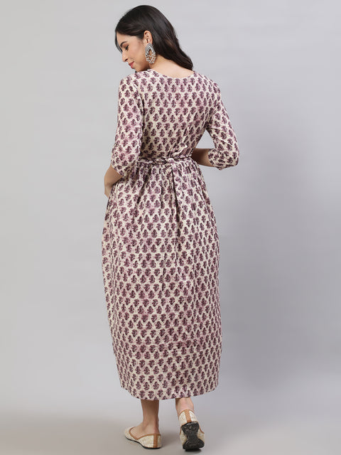 Women Beige Printed Flared Maternity Dress