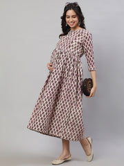 Women Beige Printed Flared Maternity Dress