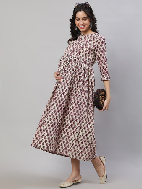 Women Beige Printed Flared Maternity Dress
