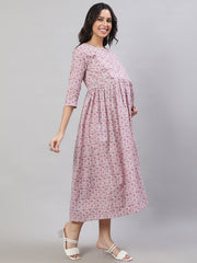 Women Off-White Printed Flared Maternity Dress