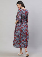 Women Maroon & Blue Printed Flared Maternity Dress