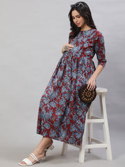 Women Maroon & Blue Printed Flared Maternity Dress