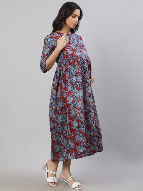 Women Maroon & Blue Printed Flared Maternity Dress