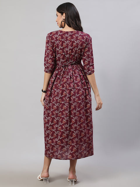 Women Burgundy Printed Flared Maternity Dress