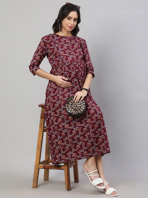 Women Burgundy Printed Flared Maternity Dress