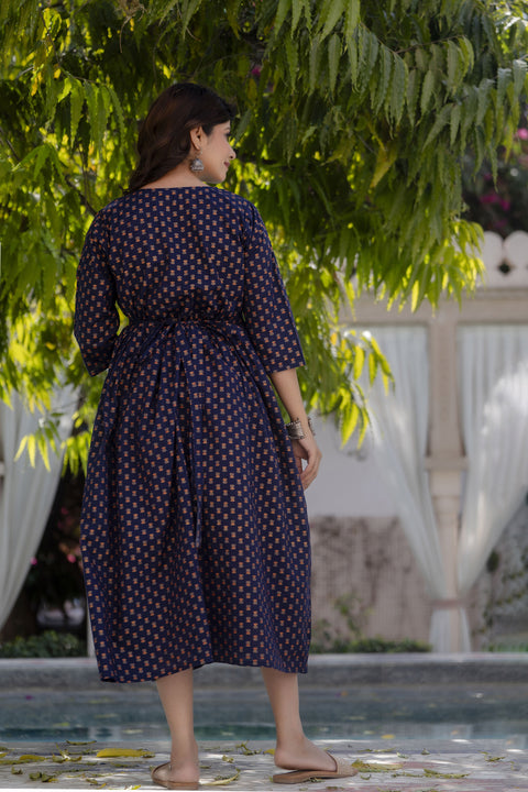 Women Navy Blue Printed Flared Maternity Dress