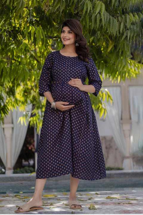 Women Navy Blue Printed Flared Maternity Dress