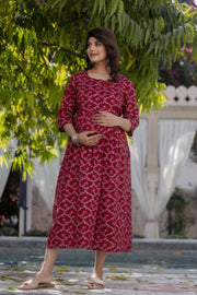 Women Burgundy Printed Maternity Dress