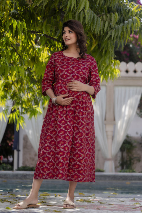 Women Burgundy Printed Maternity Dress