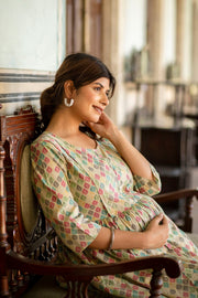 Women Beige Printed Flared Maternity Dress