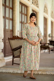 Women Beige Printed Flared Maternity Dress
