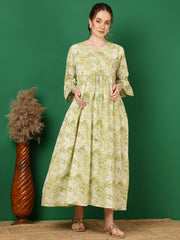 Women Green Printed Flared Maternity Dress