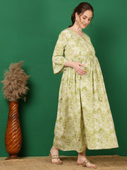 Women Green Printed Flared Maternity Dress