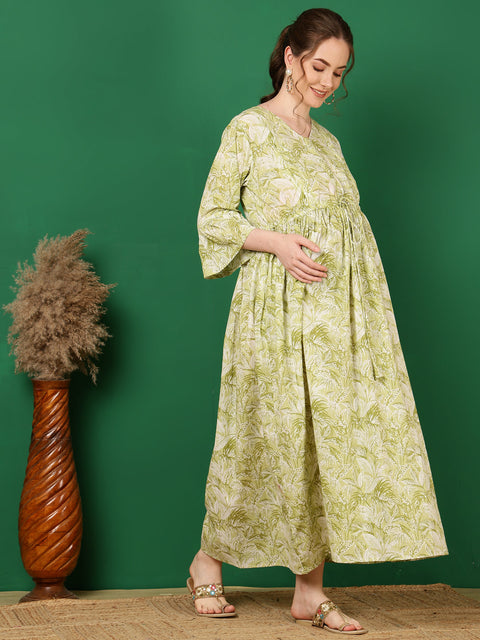 Women Green Printed Flared Maternity Dress