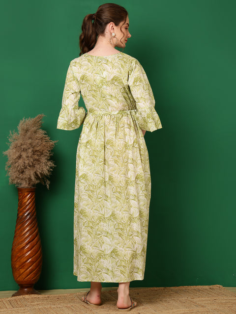 Women Green Printed Flared Maternity Dress