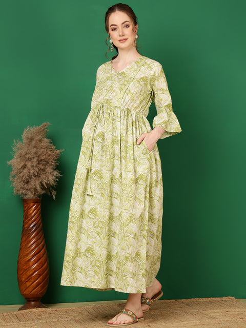 Women Green Printed Flared Maternity Dress