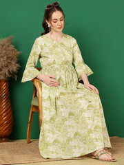 Women Green Printed Flared Maternity Dress