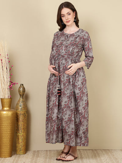 Women Grey Printed Flared Maternity Dress