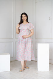 Women Grey Printed Flared Maternity Dress
