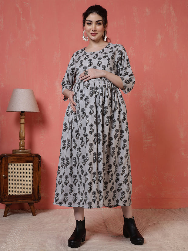 Nayo Grey Printed Maternity Dress For Women