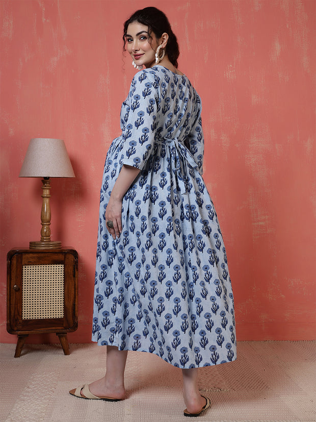 Nayo Blue Printed Maternity Dress For Women